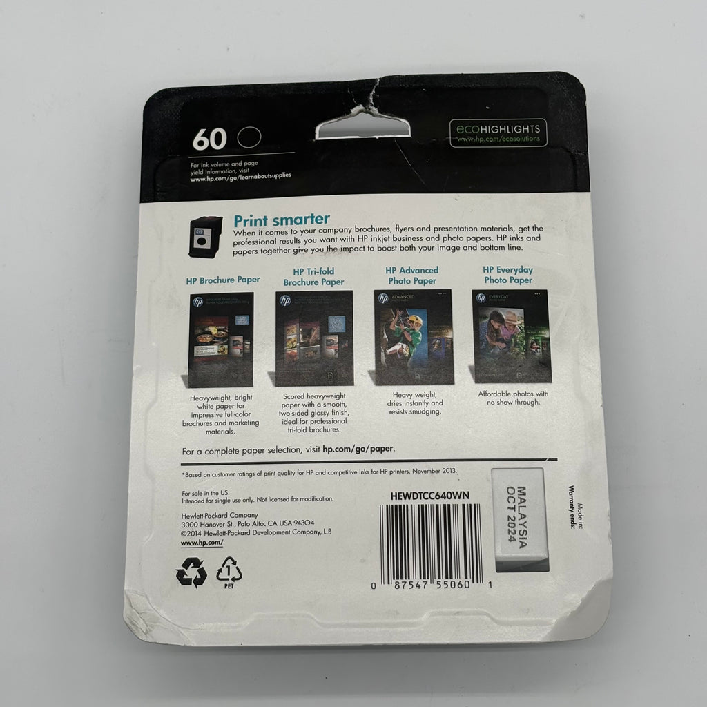 HP 60 Black Noir Ink Cartridge Black New In Box