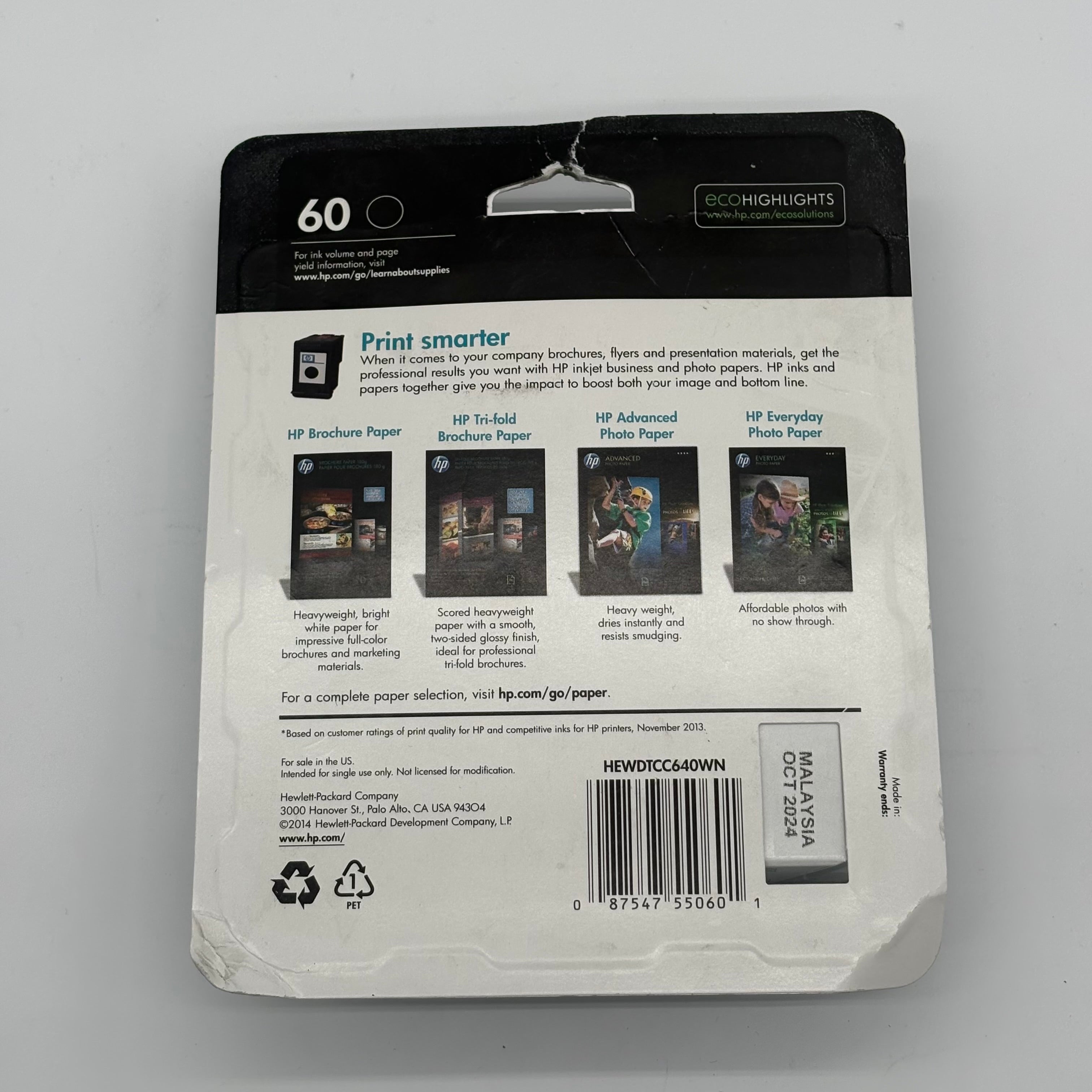 HP 60 Black Noir Ink Cartridge Black New In Box