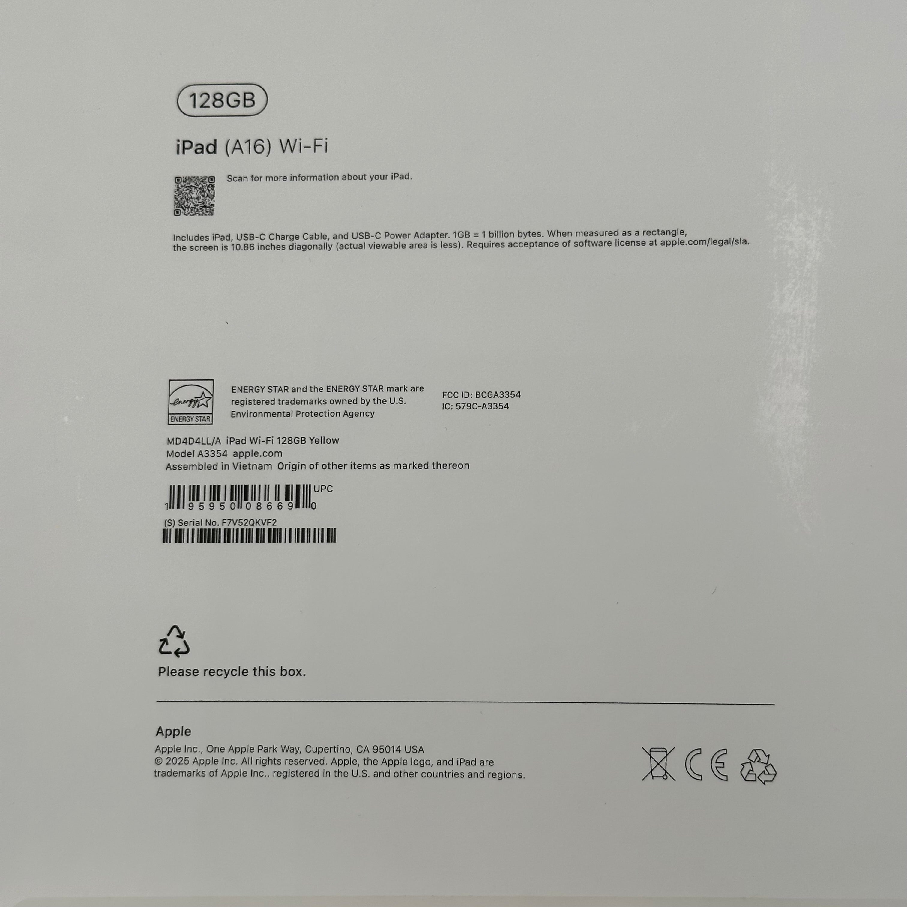 Apple iPad 11th Gen A3354 128GB Wi-Fi Yellow